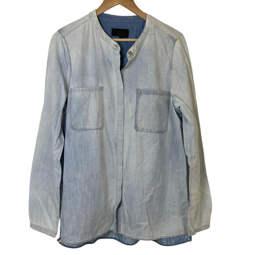 Vince Womens Light Wash Distressed Denim Hidden Button Front Shirt Size Large